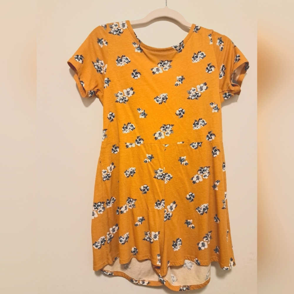Gold Romper with Blue and White Flowers Short Sleeves back open